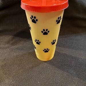 Yellow Tumbler with Paw Prints and Red Lid